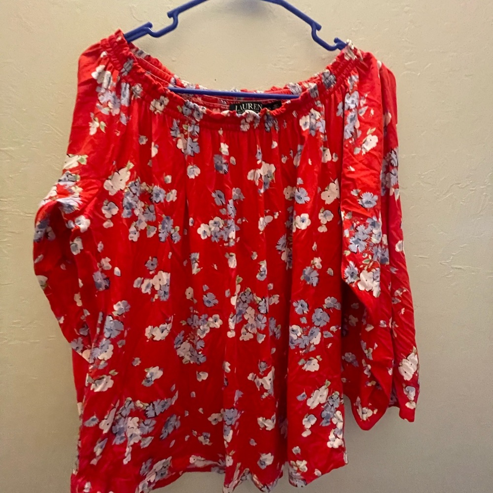 Lauren Ralph Lauren Red Floral Blouse. XL Off or on Shoulder. #20